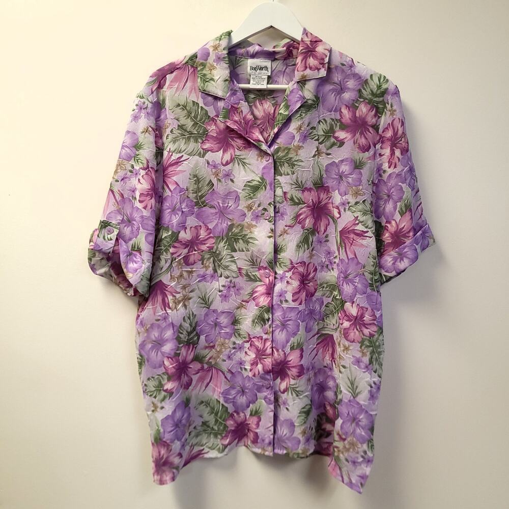 Bonworth Button Down Shirt Size M Purple Blouse Short Sleeve Hibiscus Hawaiian​